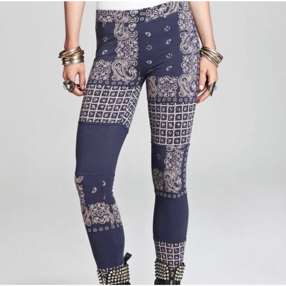 Free People Bandana Patchwork Leggings Boho Paisley Print Pants Size L